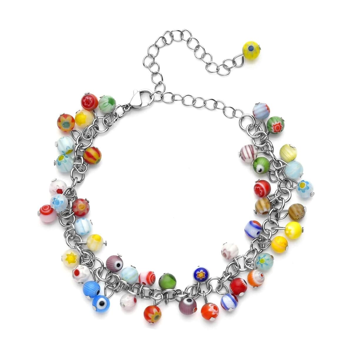 Set of Multi Color Murano Style Beaded Charm Anklet (9-11In), Basket Earrings, 20-23 inch Pendant Necklace and Bottle Stopper in Silvertone and Stainless Steel image number 3