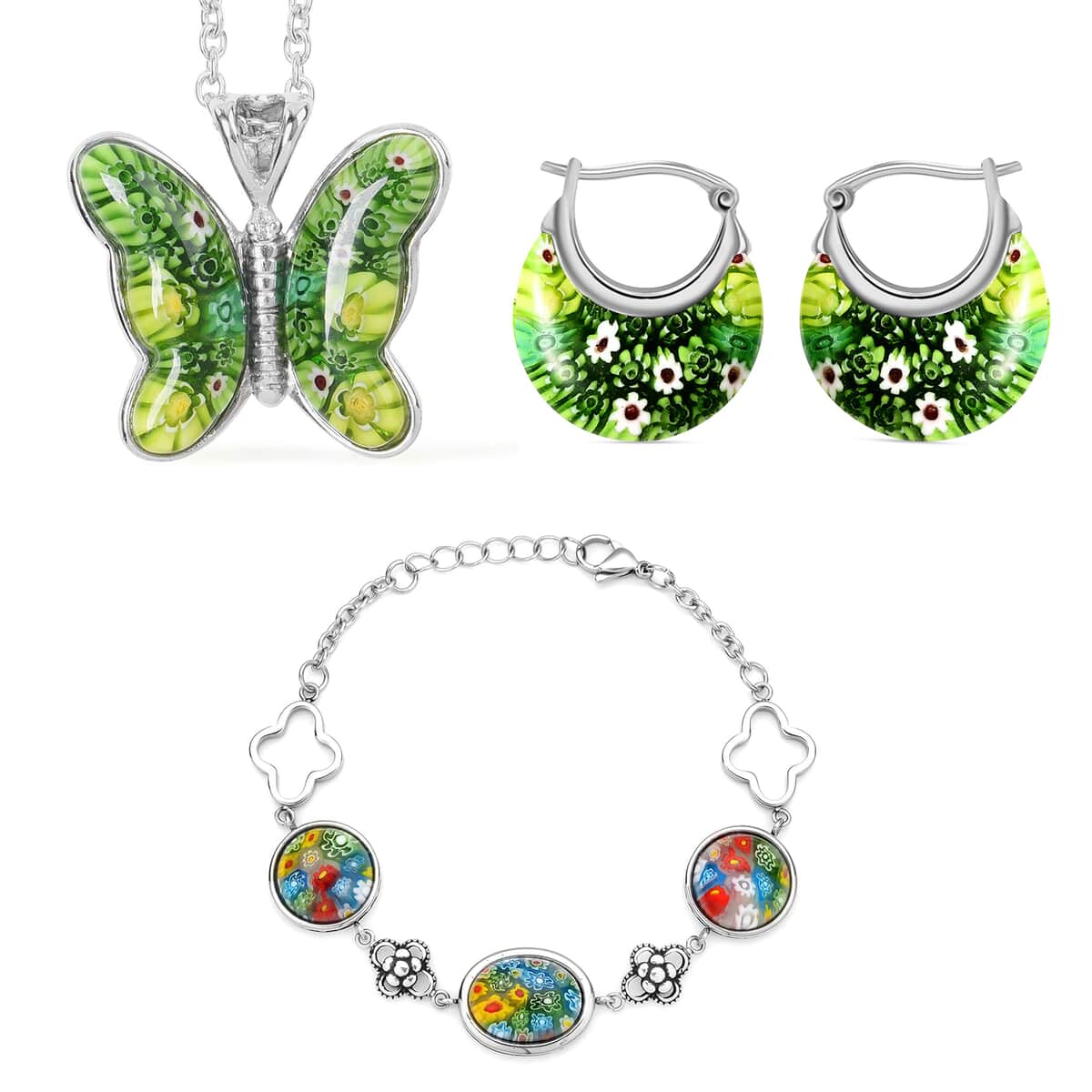 Multi Color Murano Style Bracelet (7.50-8.50In), Basket Earrings and Butterfly Pendant Necklace 24 Inches in Stainless Steel image number 0