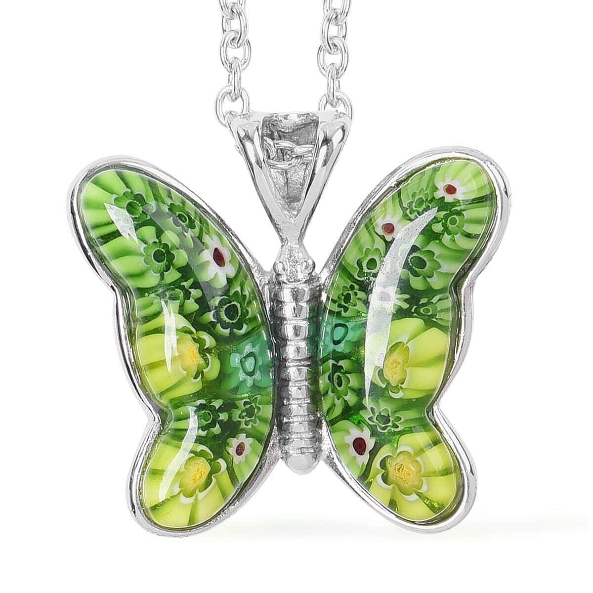 Multi Color Murano Style Bracelet (7.50-8.50In), Basket Earrings and Butterfly Pendant Necklace 24 Inches in Stainless Steel