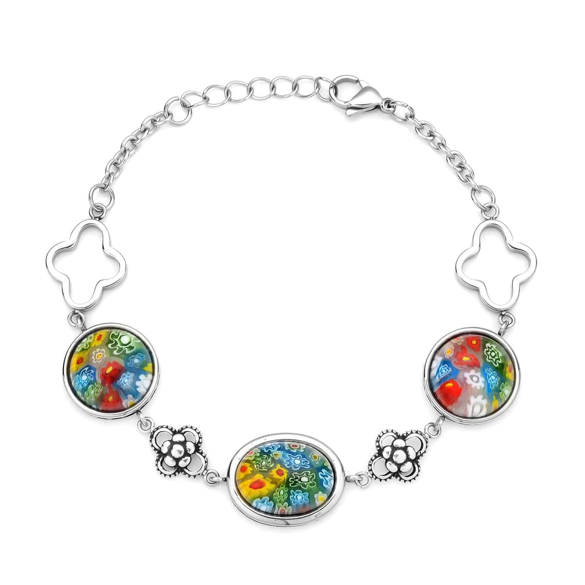 Multi Color Murano Style Bracelet (7.50-8.50In), Basket Earrings and Butterfly Pendant Necklace 24 Inches in Stainless Steel image number 3