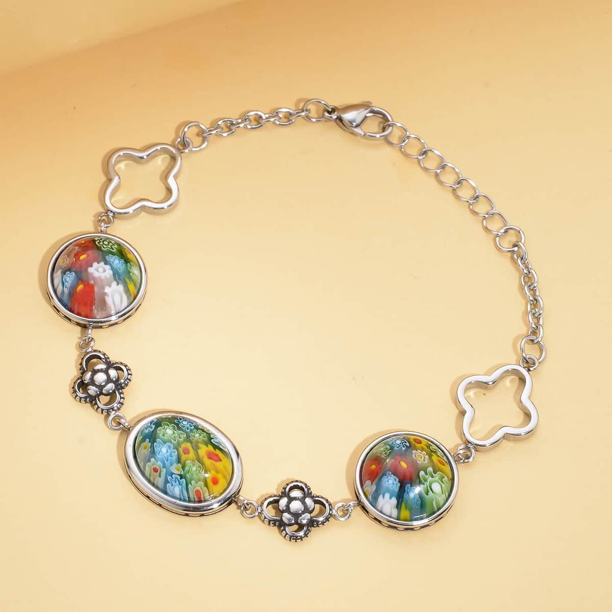 Multi Color Murano Style Bracelet (7.50-8.50In), Basket Earrings and Butterfly Pendant Necklace 24 Inches in Stainless Steel image number 4