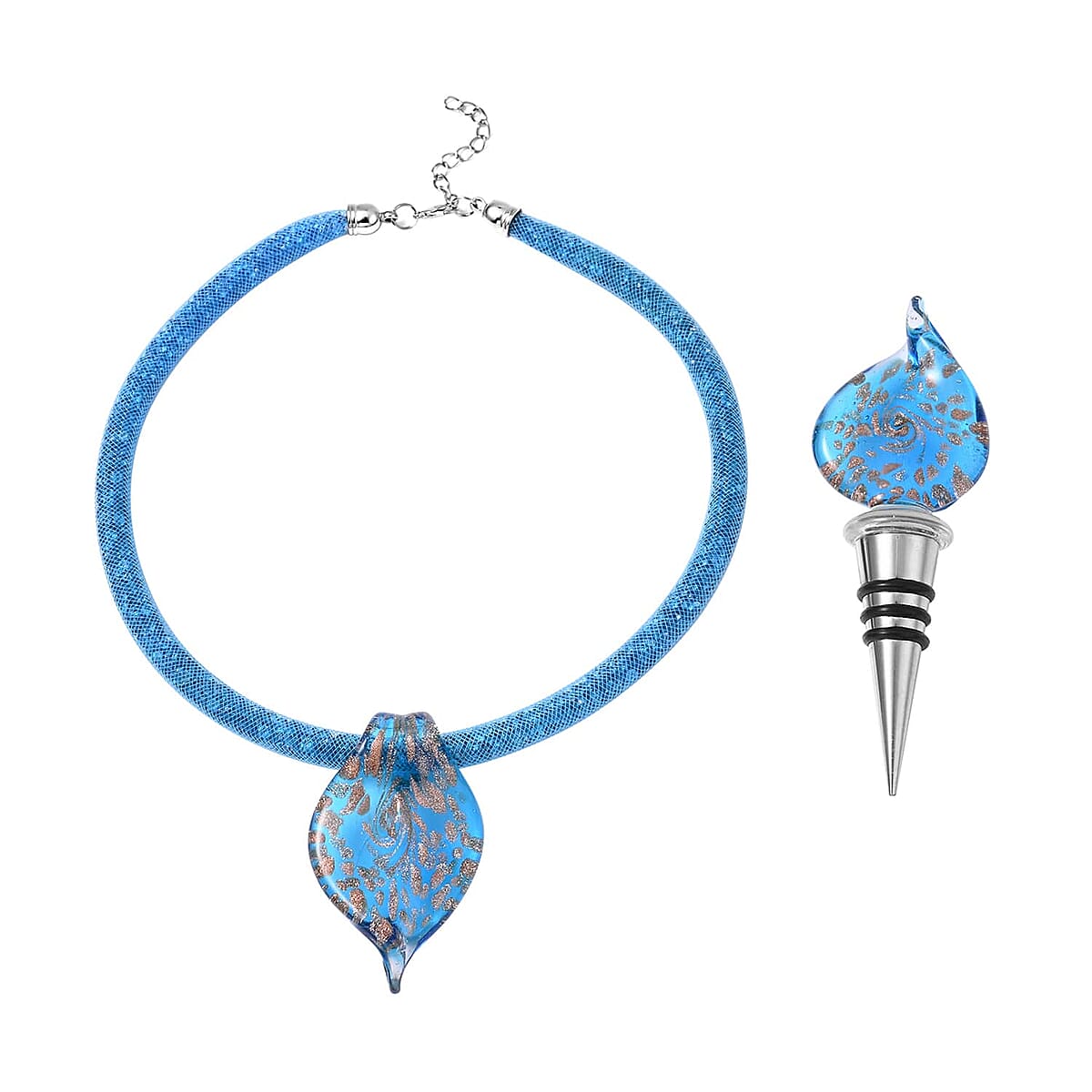 Set of Blue, Multi Color Murano Style Beaded Charm Anklet (9-11In), Basket Earrings, 20-23 inch Pendant Necklace and Bottle Stopper in Silvertone and Stainless Steel image number 1