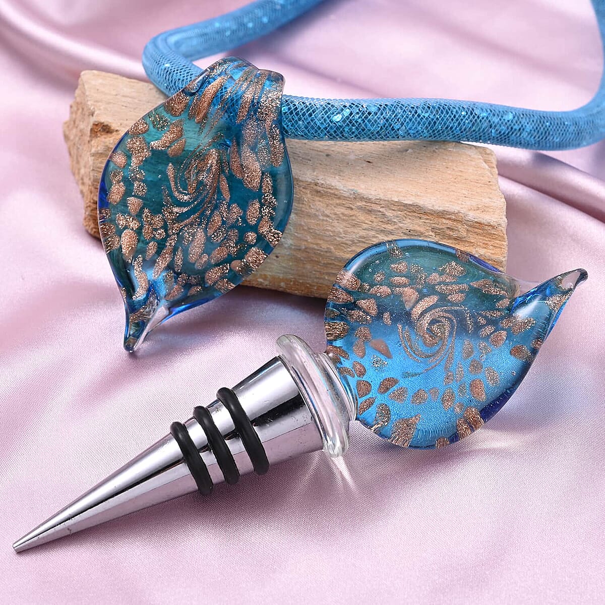 Set of Blue, Multi Color Murano Style Beaded Charm Anklet (9-11In), Basket Earrings, 20-23 inch Pendant Necklace and Bottle Stopper in Silvertone and Stainless Steel image number 2