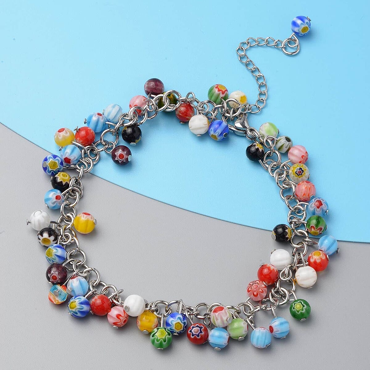 Set of Blue, Multi Color Murano Style Beaded Charm Anklet (9-11In), Basket Earrings, 20-23 inch Pendant Necklace and Bottle Stopper in Silvertone and Stainless Steel image number 4