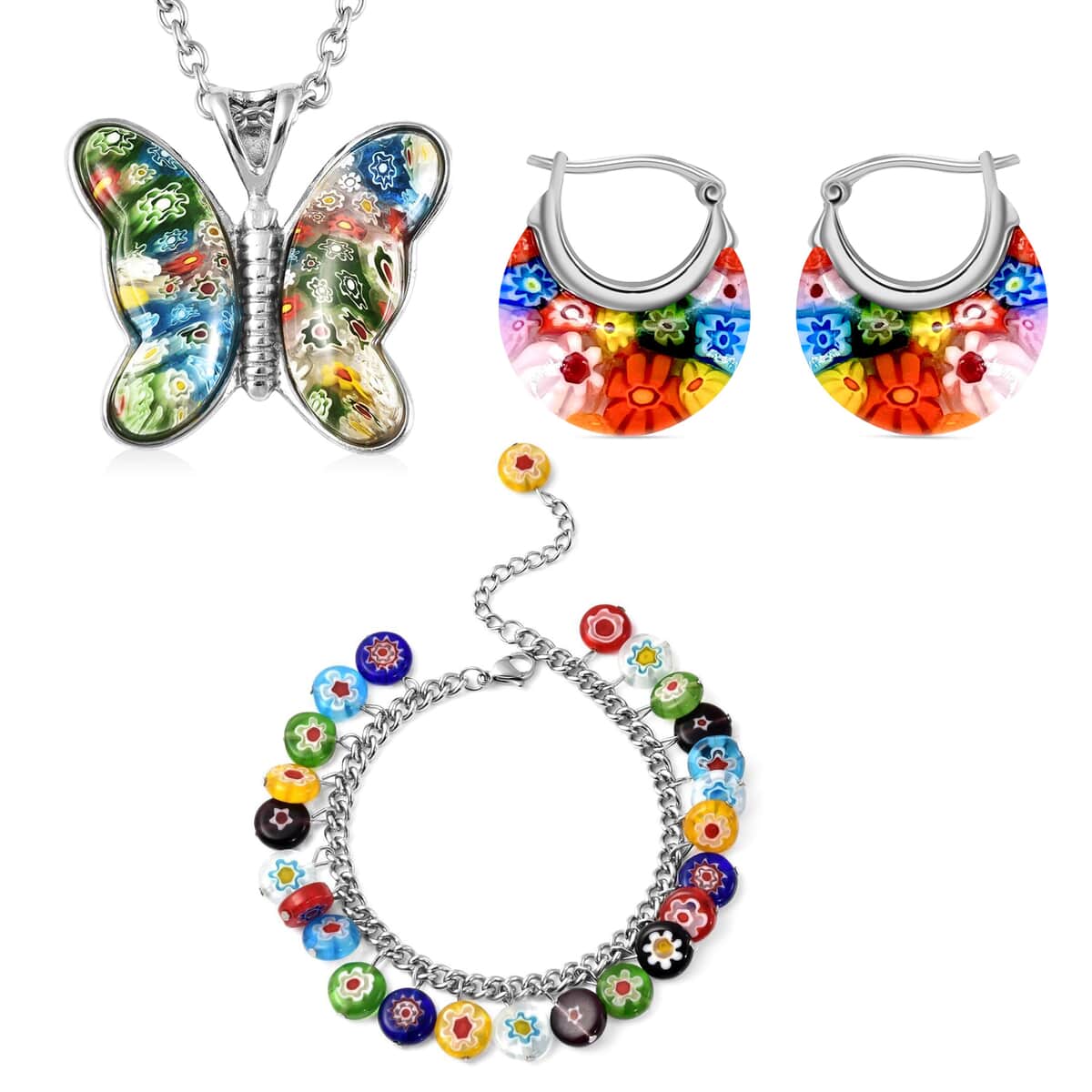 Murano Style Basket Earrings, Charm Bracelet (7.50-11In) and Butterfly Pendant Necklace 24 Inches in Stainless Steel image number 0