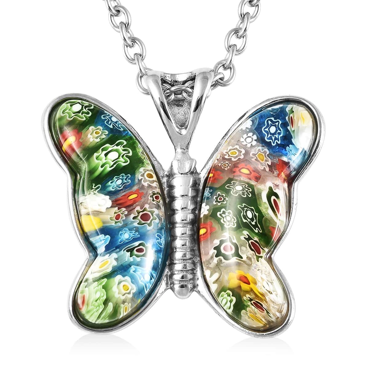 Murano Style Basket Earrings, Charm Bracelet (7.50-11In) and Butterfly Pendant Necklace 24 Inches in Stainless Steel image number 1