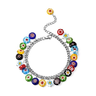Murano Style Basket Earrings, Charm Bracelet (7.50-11In) and Butterfly Pendant Necklace 24 Inches in Stainless Steel