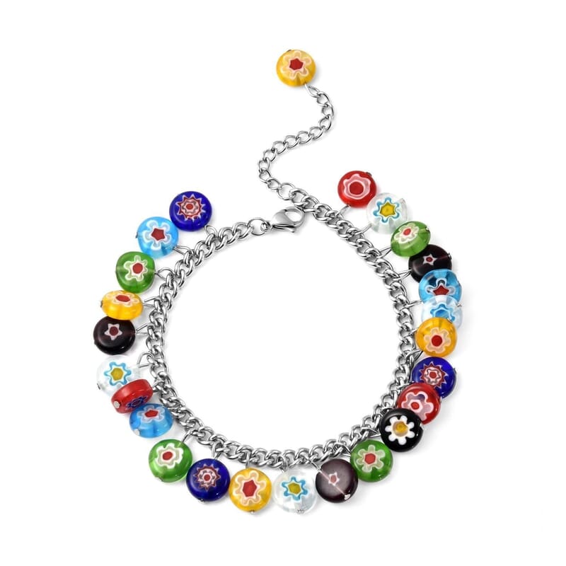 Murano Style Basket Earrings, Charm Bracelet (7.50-11In) and Butterfly Pendant Necklace 24 Inches in Stainless Steel