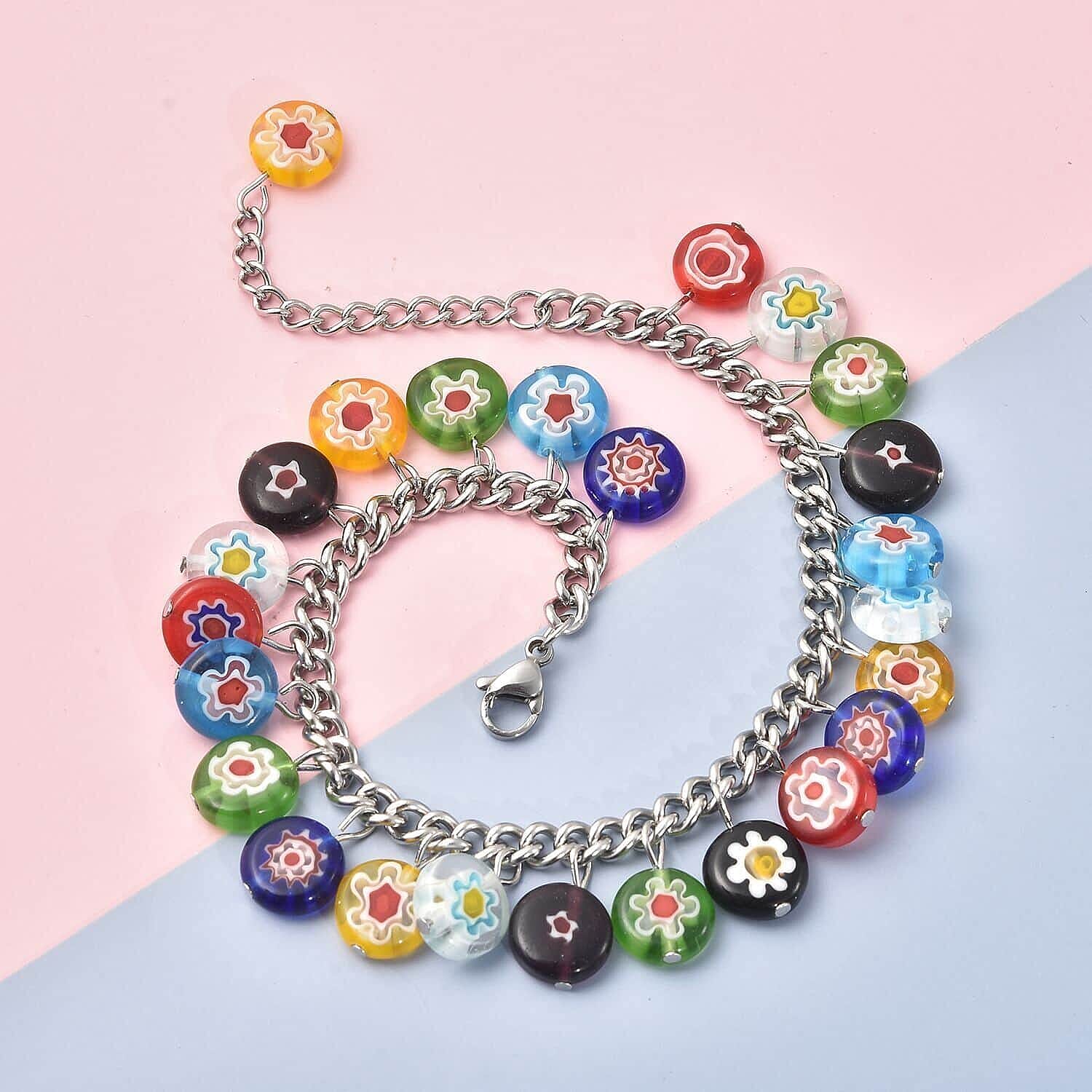 Murano Style Basket Earrings, Charm Bracelet (7.50-11In) and Butterfly Pendant Necklace 24 Inches in Stainless Steel