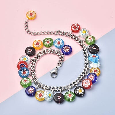 Murano Style Basket Earrings, Charm Bracelet (7.50-11In) and Butterfly Pendant Necklace 24 Inches in Stainless Steel