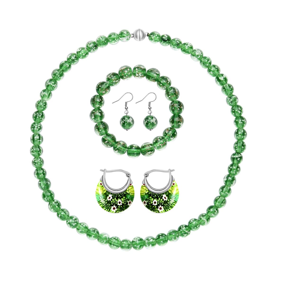 Green Color Glow Murano Style Beaded Stretch Bracelet and Dangle Earrings, Hoop Earrings and Necklace (20 Inches) in Silvertone and Stainless Steel image number 0