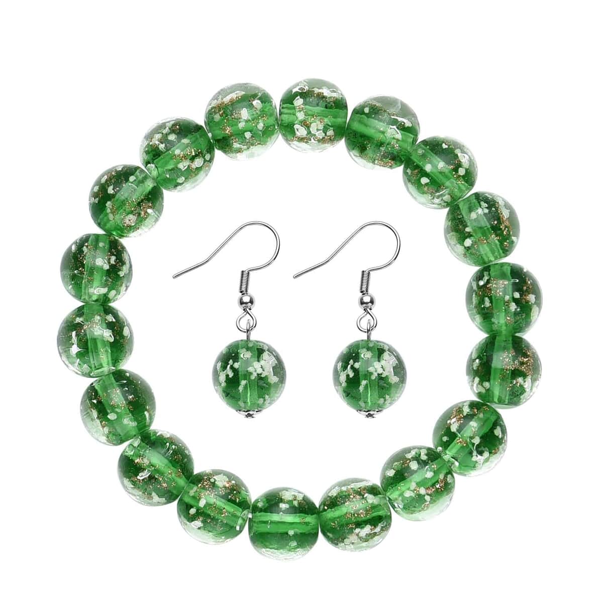 Green Color Glow Murano Style Beaded Stretch Bracelet and Dangle Earrings, Hoop Earrings and Necklace (20 Inches) in Silvertone and Stainless Steel image number 4