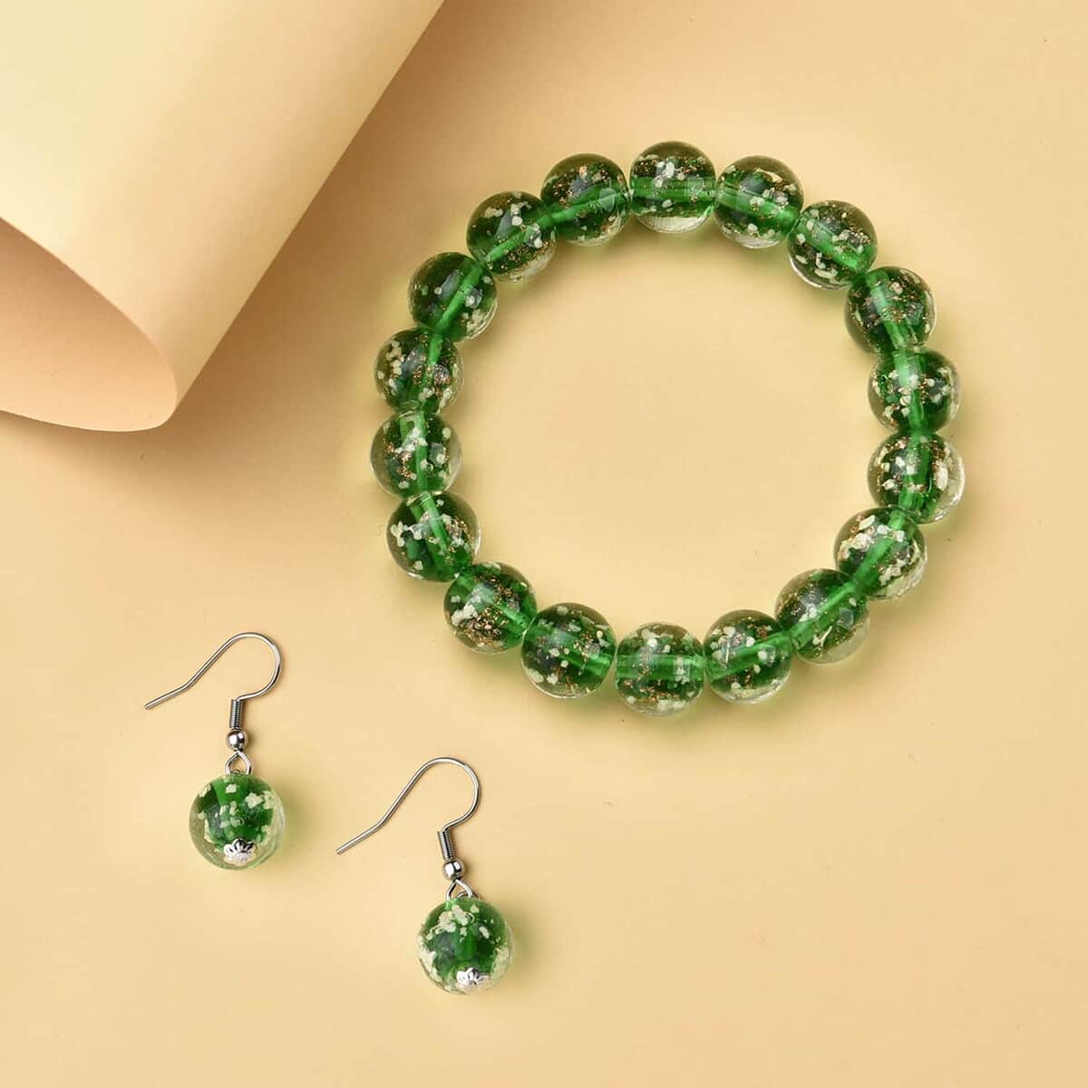 Green Color Glow Murano Style Beaded Stretch Bracelet and Dangle Earrings, Hoop Earrings and Necklace (20 Inches) in Silvertone and Stainless Steel image number 5