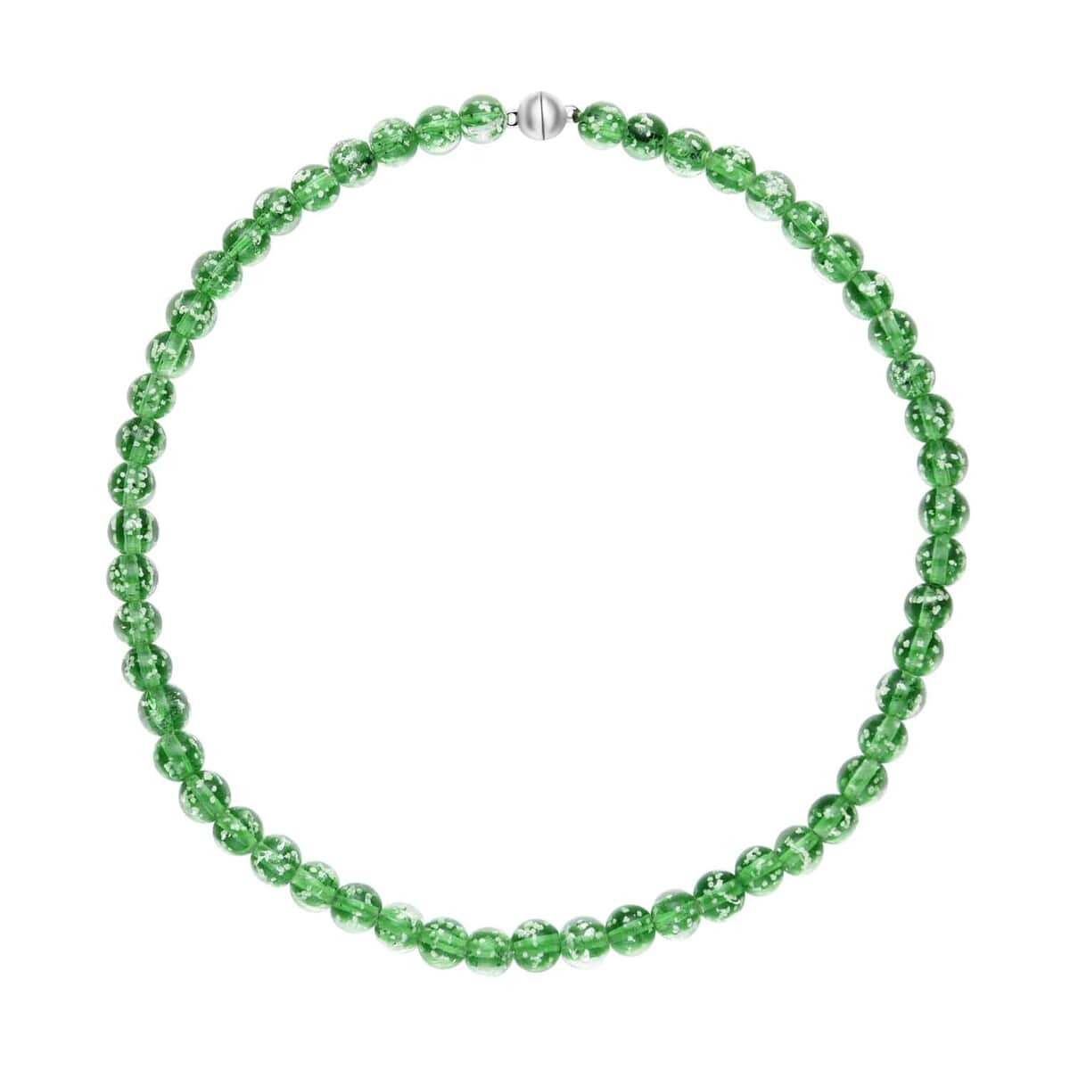 Green Color Glow Murano Style Beaded Stretch Bracelet and Dangle Earrings, Hoop Earrings and Necklace (20 Inches) in Silvertone and Stainless Steel image number 6