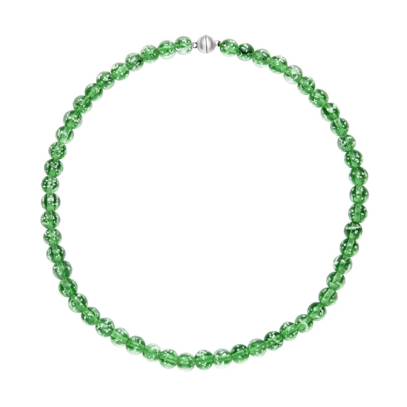 Green Color Glow Murano Style Beaded Stretch Bracelet and Dangle Earrings, Hoop Earrings and Necklace 20 Inches in Silvertone and Stainless Steel
