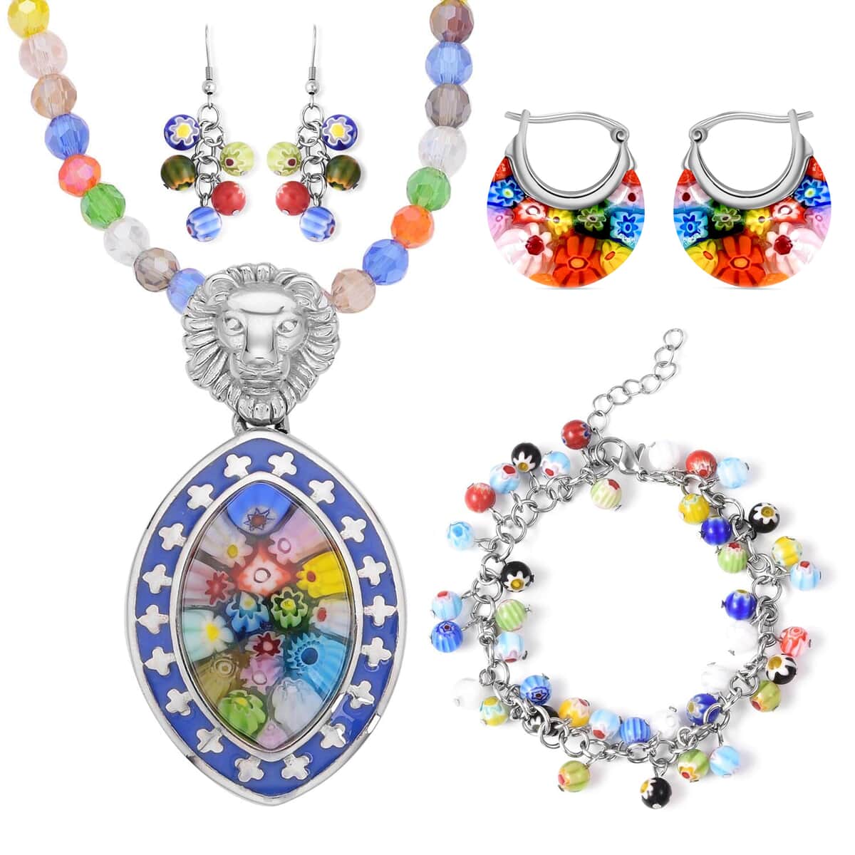 Multi Color Murano Style Basket 2pcs Earrings, Beaded Bracelet (7-8.5In) and Pendant with Necklace 20 Inches in Stainless Steel image number 0