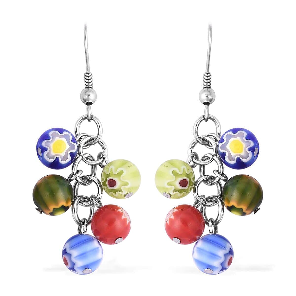 Multi Color Murano Style Basket 2pcs Earrings, Beaded Bracelet (7-8.5In) and Pendant with Necklace 20 Inches in Stainless Steel