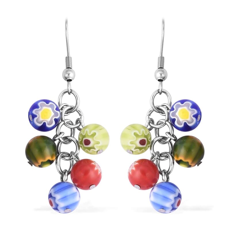 Multi Color Murano Style Basket 2pcs Earrings, Beaded Bracelet (7-8.5In) and Pendant with Necklace 20 Inches in Stainless Steel