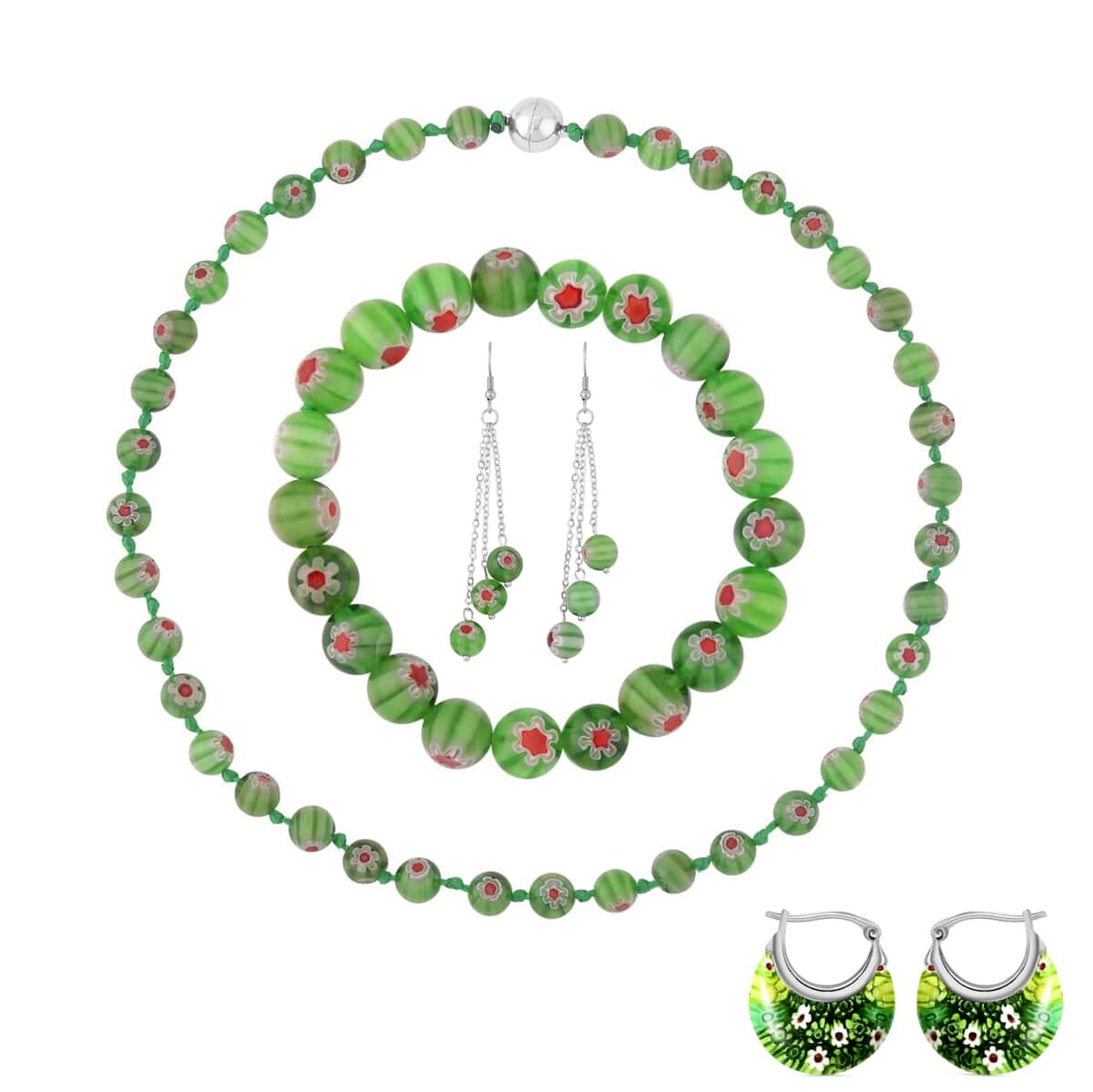 Green Murano Style Hoop 2pcs Earrings, Beaded Stretch Bracelet, Necklace (20 Inches) in Silvertone and Stainless Steel image number 0