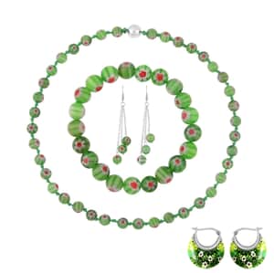 Green Murano Style Hoop 2pcs Earrings, Beaded Stretch Bracelet, Necklace (20 Inches) in Silvertone and Stainless Steel