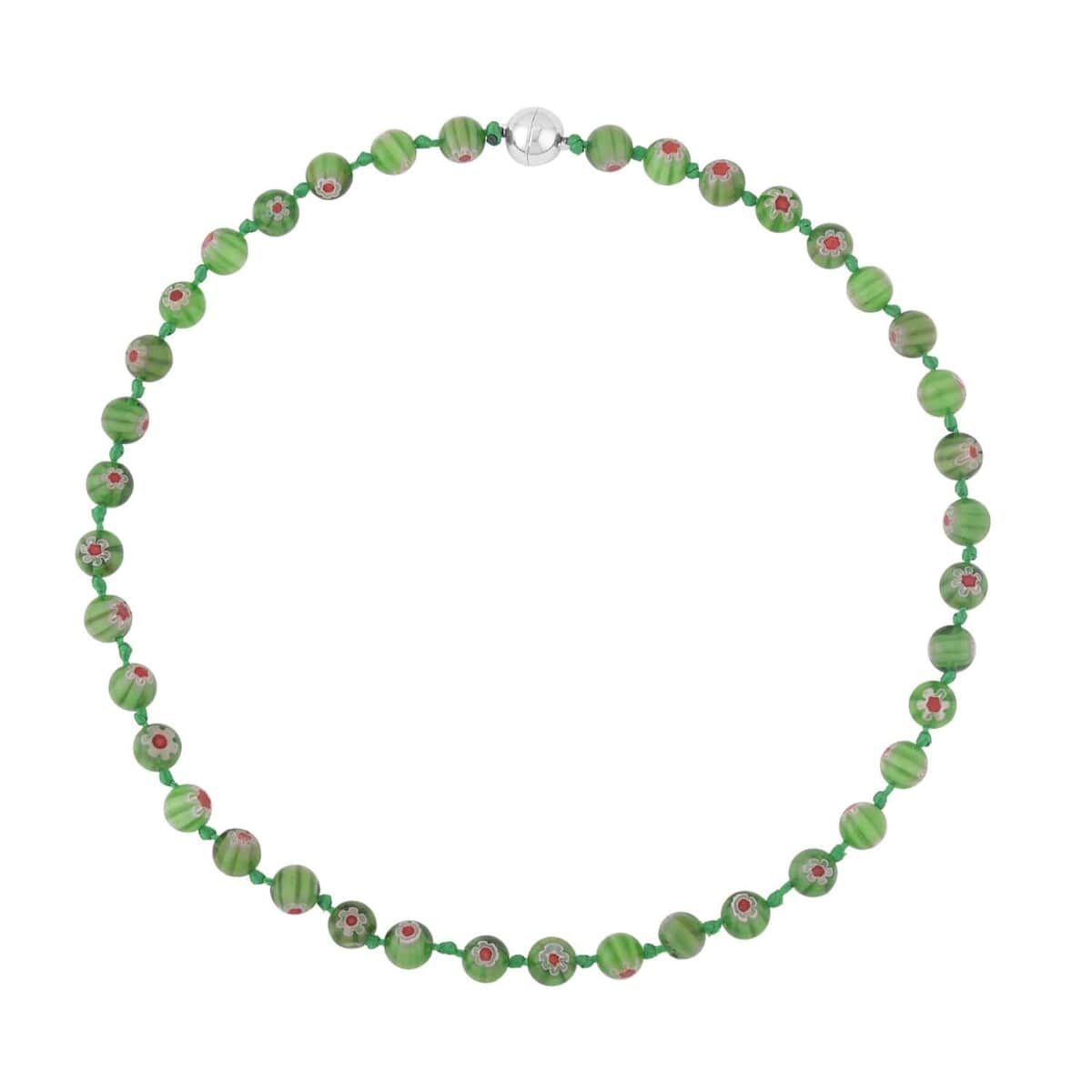 Green Murano Style Hoop 2pcs Earrings, Beaded Stretch Bracelet, Necklace (20 Inches) in Silvertone and Stainless Steel image number 6