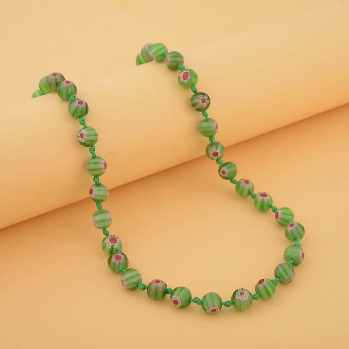 Green Murano Style Hoop 2pcs Earrings, Beaded Stretch Bracelet, Necklace (20 Inches) in Silvertone and Stainless Steel image number 7