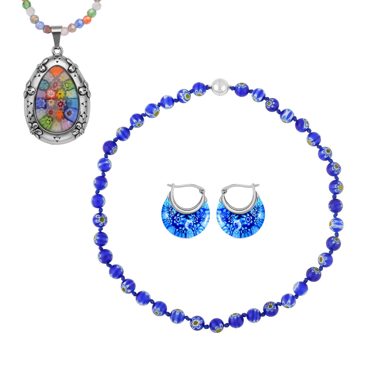 Multi Color Murano Style Basket Earrings, Beaded Necklace and Pendant with Facet Beaded Necklace 20 Inches in Stainless Steel and Silvertone image number 0