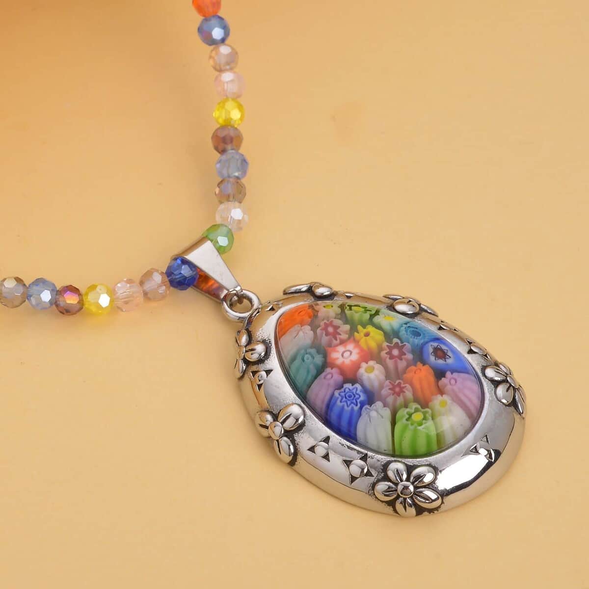 Multi Color Murano Style Basket Earrings, Beaded Necklace and Pendant with Facet Beaded Necklace 20 Inches in Stainless Steel and Silvertone image number 2