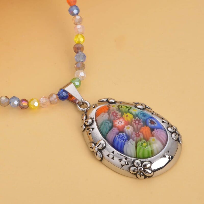 Multi Color Murano Style Basket Earrings, Beaded Necklace and Pendant with Facet Beaded Necklace 20 Inches in Stainless Steel and Silvertone