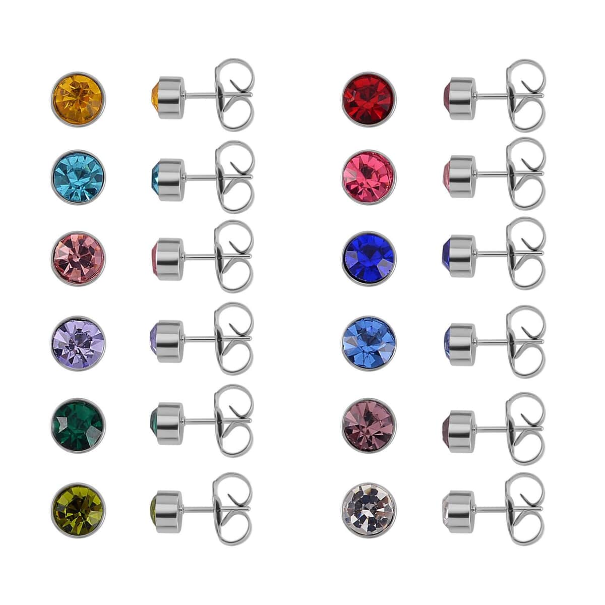 Set of 12 Pairs Multi Color Austrian Crystal Earrings in Silvertone and Stainless Steel image number 0