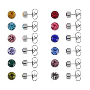 Set of 12 Pairs Multi Color Austrian Crystal Earrings in Silvertone and Stainless Steel