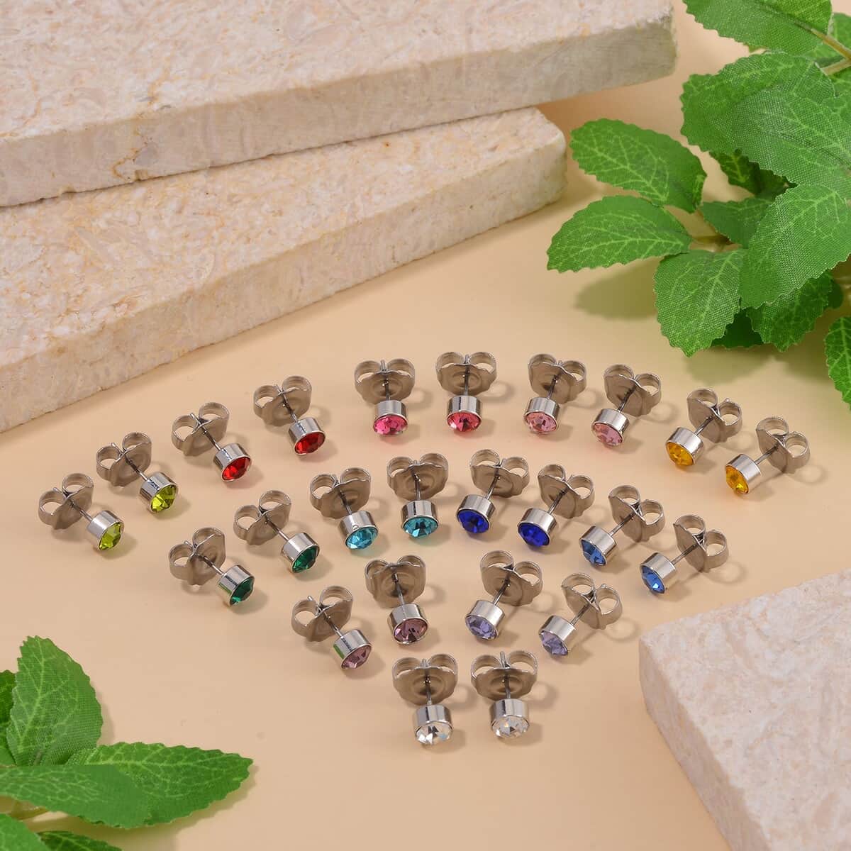 Set of 12 Pairs Multi Color Austrian Crystal Earrings in Silvertone and Stainless Steel image number 1