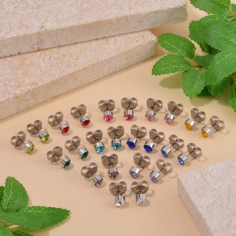 Set of 12 Pairs Multi Color Austrian Crystal Earrings in Silvertone and Stainless Steel