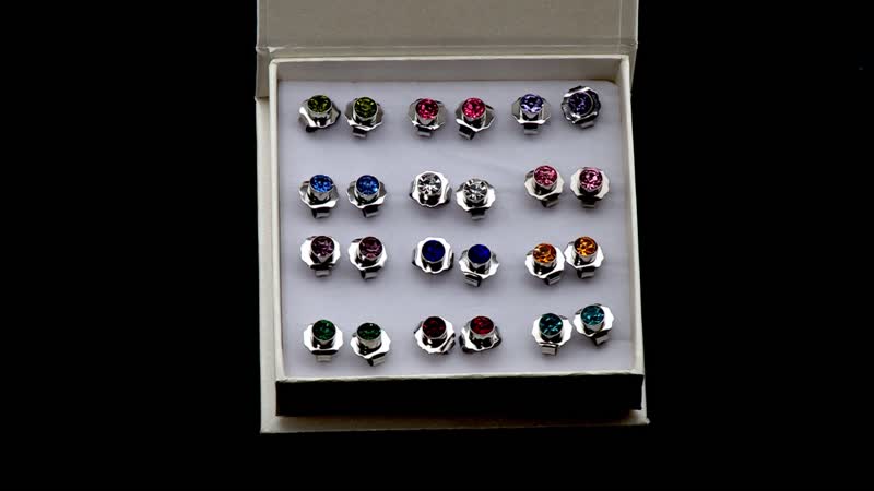 Set of 12 Pairs Multi Color Austrian Crystal Earrings in Silvertone and Stainless Steel
