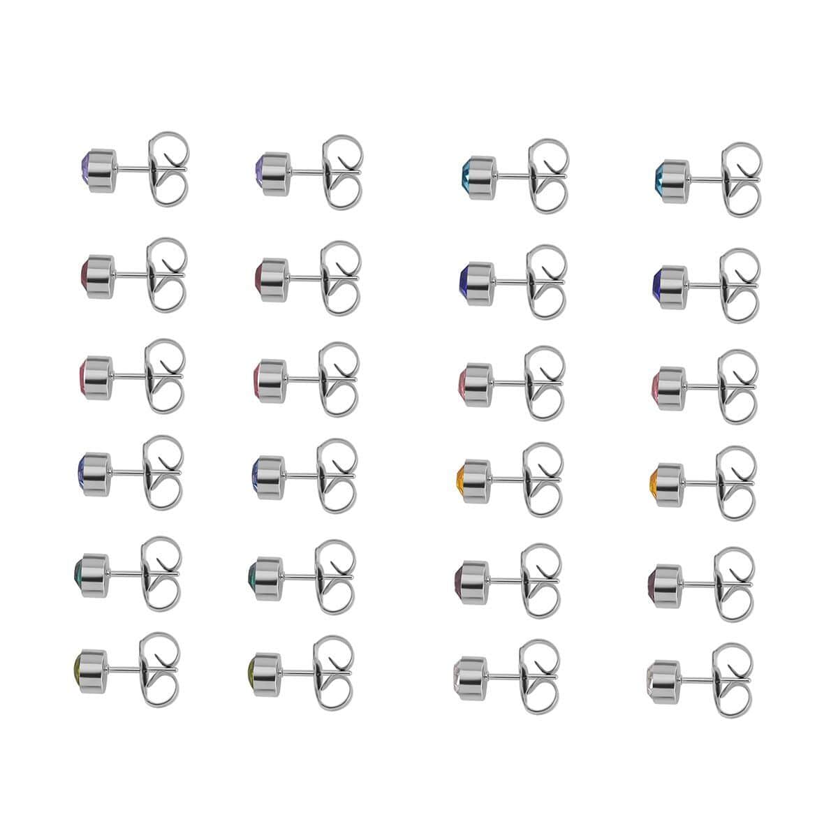 Set of 12 Pairs Multi Color Austrian Crystal Earrings in Silvertone and Stainless Steel image number 2