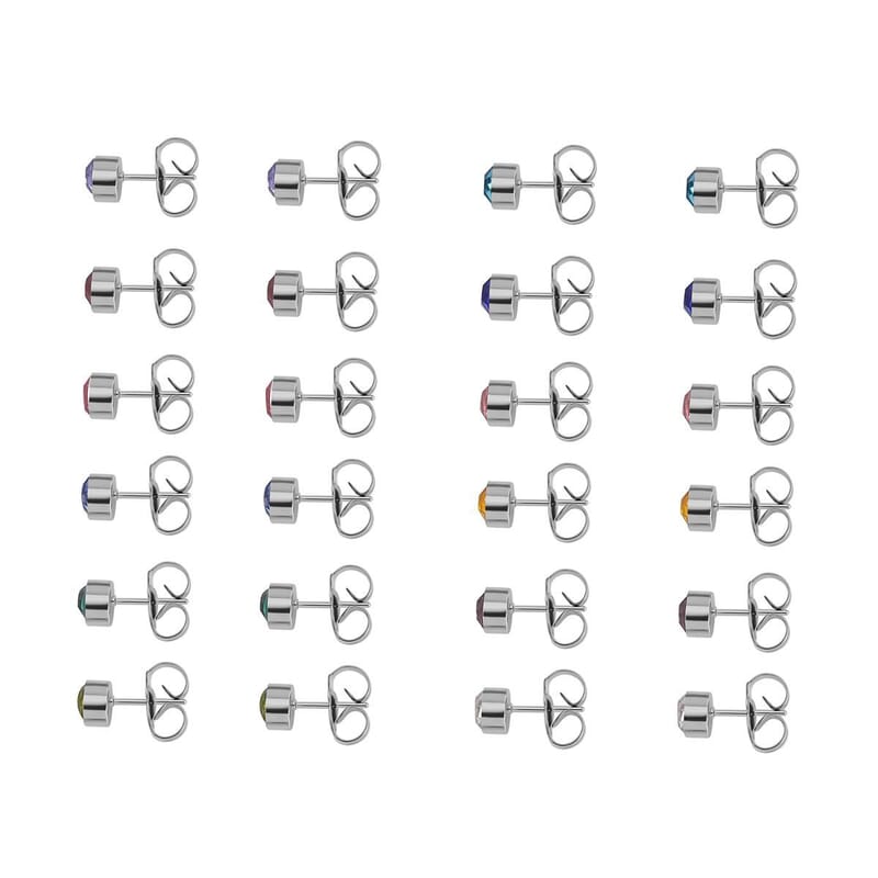 Set of 12 Pairs Multi Color Austrian Crystal Earrings in Silvertone and Stainless Steel