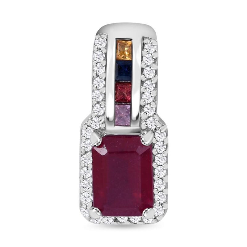 Niassa Ruby (FF) and Multi-Tourmaline, White Zircon Pendant Necklace 18 Inches in Platinum Over Sterling Silver 2.90 ctw