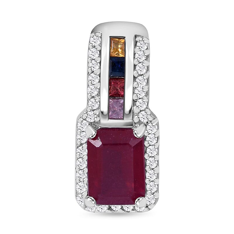 Niassa Ruby (FF) and Multi-Tourmaline, White Zircon Pendant Necklace 18 Inches in Platinum Over Sterling Silver 2.90 ctw