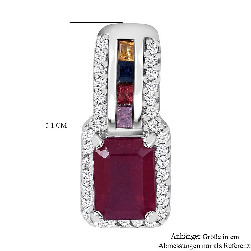 Niassa Ruby (FF) and Multi-Tourmaline, White Zircon Pendant Necklace 18 Inches in Platinum Over Sterling Silver 2.90 ctw