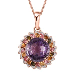 Starburst Cut Rose De France Amethyst, Multi-Tourmaline and White Zircon 14.40 ctw Floral Pendant Necklace 18 Inches in Vermeil Rose Gold Over Sterling Silver