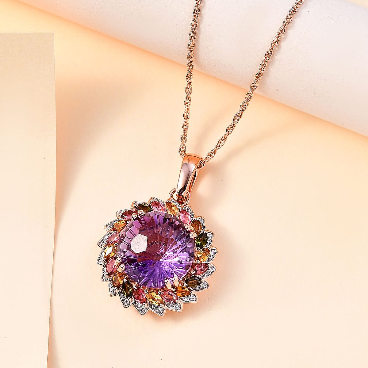 Starburst Cut Rose De France Amethyst, Multi-Tourmaline and White Zircon 14.40 ctw Floral Pendant Necklace 18 Inches in Vermeil Rose Gold Over Sterling Silver image number 1