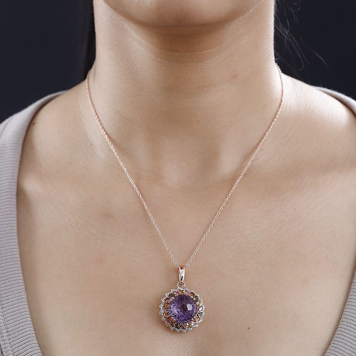 Starburst Cut Rose De France Amethyst, Multi-Tourmaline and White Zircon 14.40 ctw Floral Pendant Necklace 18 Inches in Vermeil Rose Gold Over Sterling Silver image number 2