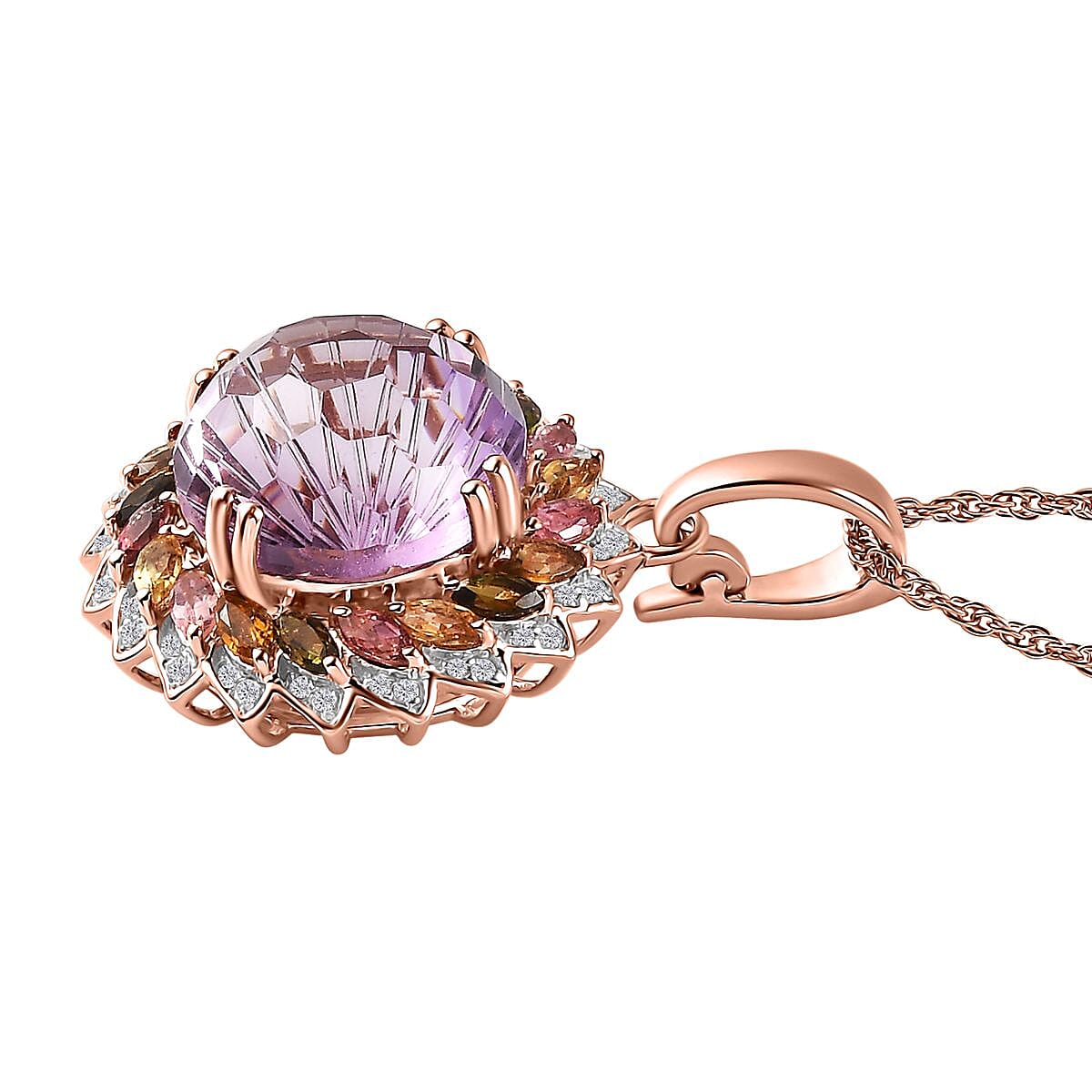 Starburst Cut Rose De France Amethyst, Multi-Tourmaline and White Zircon 14.40 ctw Floral Pendant Necklace 18 Inches in Vermeil Rose Gold Over Sterling Silver image number 3