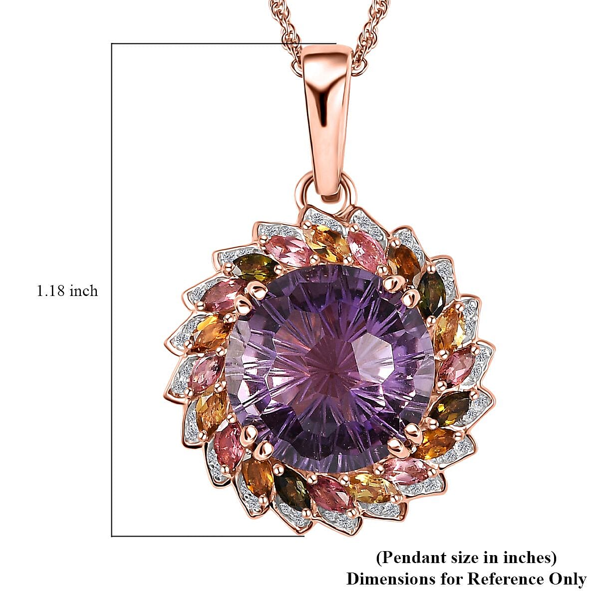 Starburst Cut Rose De France Amethyst, Multi-Tourmaline and White Zircon 14.40 ctw Floral Pendant Necklace 18 Inches in Vermeil Rose Gold Over Sterling Silver image number 5