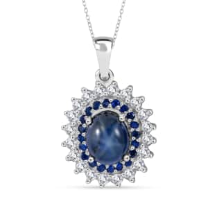 Premium Blue Star Sapphire (DF) and Multi Gemstone Floral Pendant Necklace 18 Inches in Platinum Over Sterling Silver 5.20 ctw