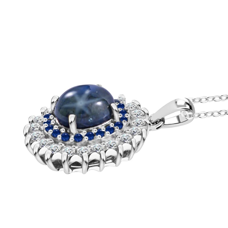 Premium Blue Star Sapphire (DF) and Multi Gemstone Floral Pendant Necklace 18 Inches in Platinum Over Sterling Silver 5.20 ctw