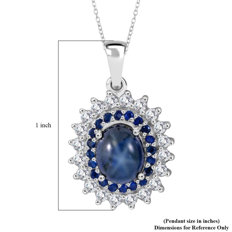 Premium Blue Star Sapphire (DF) and Multi Gemstone Floral Pendant Necklace 18 Inches in Platinum Over Sterling Silver 5.20 ctw