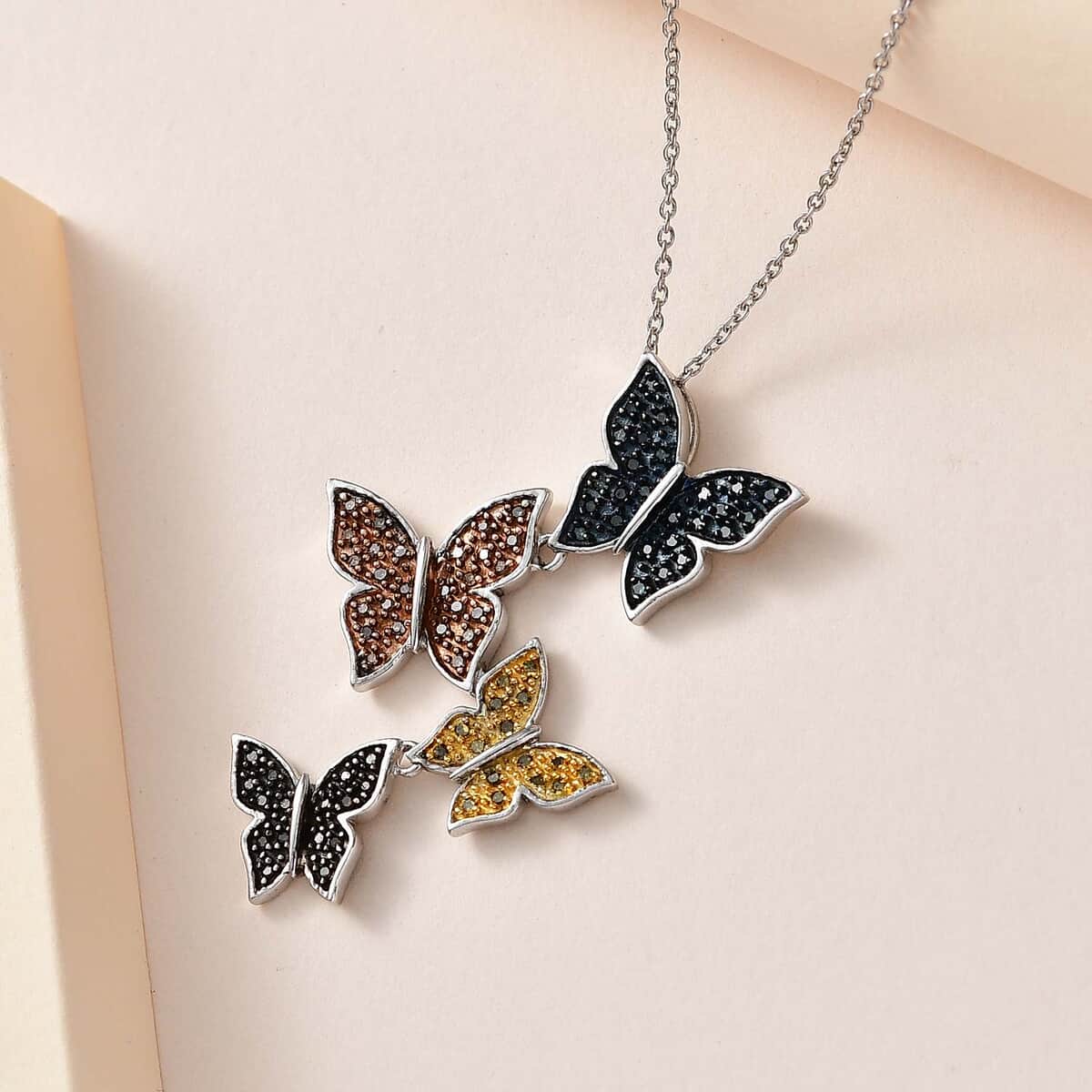 GP Trionfo Nature's Collection Multi Color Diamond Butterfly Pendant Necklace 18-20 Inches in Platinum Over Sterling Silver 0.50 ctw image number 1