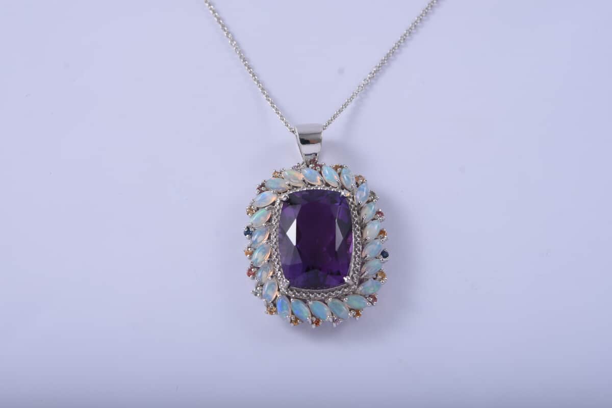 AAA African Amethyst and Multi Gemstone Cocktail Pendant Necklace 18 Inches in Platinum Over Sterling Silver 16.25 ctw image number 5