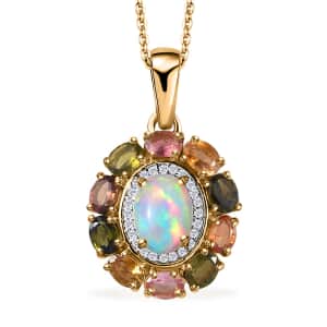 Ethiopian Welo Opal and Multi Gemstone Cocktail Pendant Necklace 20 Inches in Vermeil Yellow Gold Over Sterling Silver 2.65 ctw